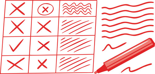 Obraz premium Checklist Grid with Hand Drawn Marks and Red Pen