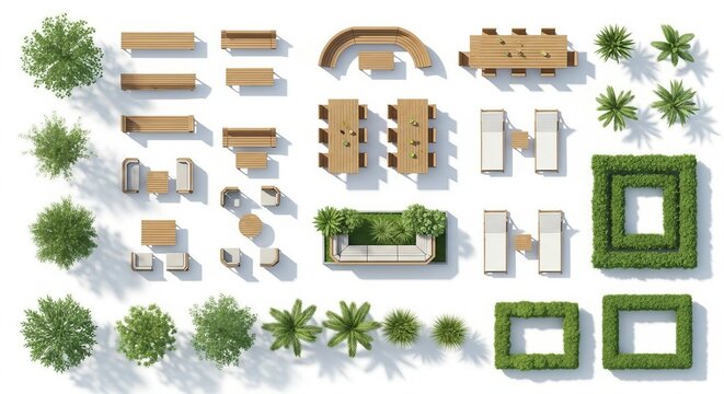 Top view garden patio furniture and landscape elements set with wooden tables chairs and trees
