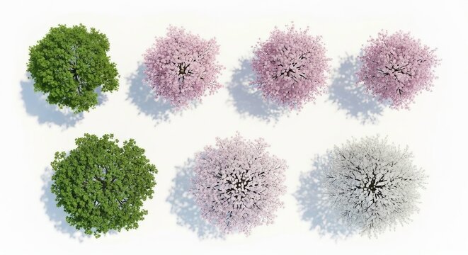 Top view garden trees set with green leaves and pink cherry blossoms for landscape plan
