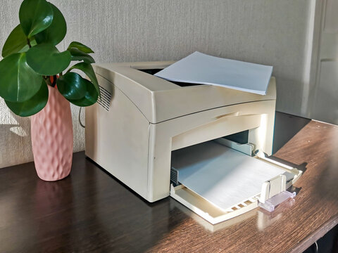 Beige printer with paper on dark wooden desk. Green plant in pink vase beside. Office equipment, business workspace, document printing, professional work environment setup with copy space