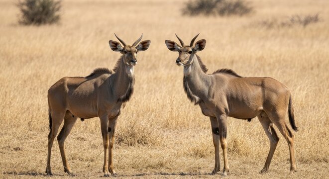 Two female greater kudus standing in a dry, grassy field.
