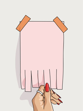 Vector Illustration of a Woman's Hand Holding an Empty Blank Sheet Paper Advertising with Tear-off Cut Slips in Pink Isolated on Light Background. Copy Space Template Poster