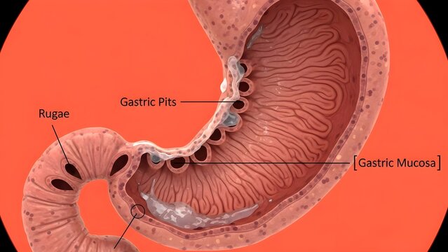 High detailed anatomical endoscopic style illustration of stomach cross‑section showing rugae, gastric pits and protective gastric mucosa, demonstrating inner lining of organ for pathology, endoscopy 