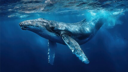Fototapeta premium Humpback whale swimming near surface in deep blue ocean