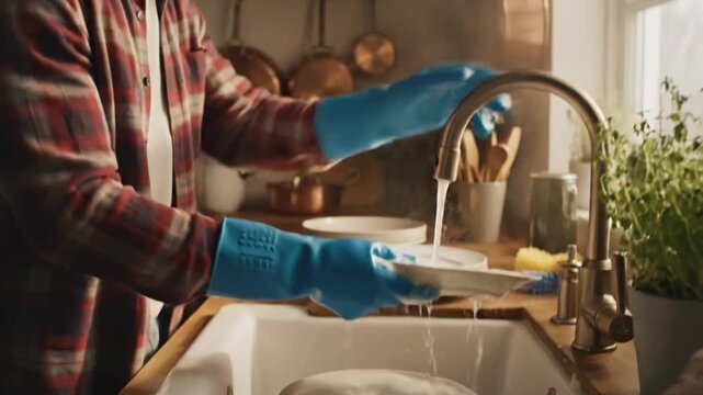 Cleaning Dishes In Country Kitchen. Washing Utensils In Cozy Rustic Kitchen Environment Involving Gloves. Preparing Dishes With Warm Soapy Water As Steam Rises In Traditional Countryside Kitchen