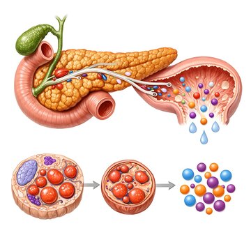 Pancreas Anatomy and Digestive System Function Illustration showing Gallbladder, Duodenum and Pancreatic Enzyme Secretion for Medical Education.