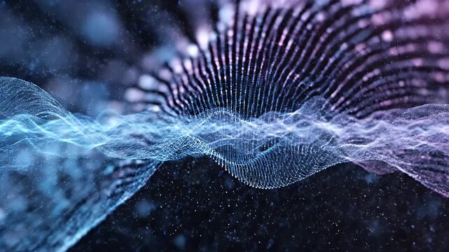 Abstract digital art, waves of interconnected dots, gradient shades of blue and purple