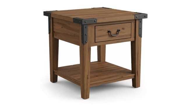 Brown wooden side table with drawer and shelf