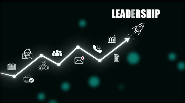 Business growth chart with icons representing home, people, gears, email, phone, book, and globe graph