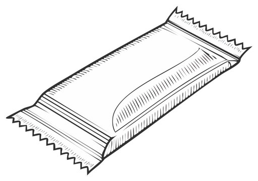 Snack bar package illustration: hand-drawn, isolated food, candy wrapper graphic design