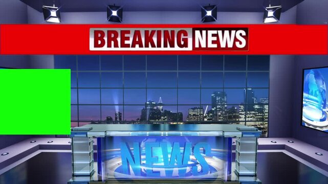 A breaking news video studio with a city skyline at dusk and a green screen