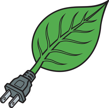 Manual Vector Illustration of Green Leaf with Electric Plug for Clean Energy Concept.