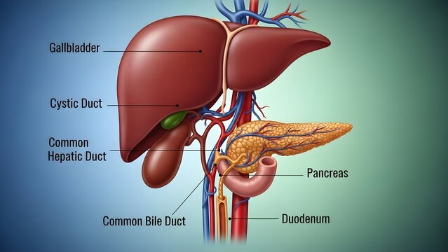 High detailed anatomical medical illustration of hepatobiliary system showing liver, gallbladder, cystic duct, common hepatic duct, common bile duct, pancreas and duodenum with vessels, ideal for gast