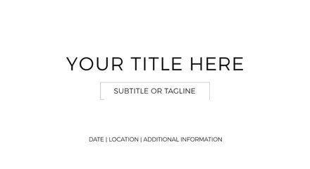 Obraz premium A minimalist presentation slide template with placeholders for title, subtitle, date, location, and additional information, set against a clean white background.