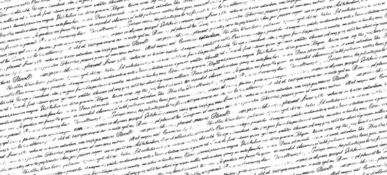 Seamless pattern handwritten abstract text. Unreadable poetry text banner. Cursive english text written by a pen. Linear cursive lettering. Horizontal banner with latin or english illegible words.