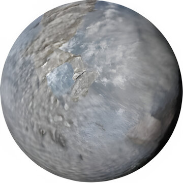 A detailed 3D render of Umbriel, the darkest and most heavily cratered of the major moons of Uranus, isolated on a transparent background. This high-resolution PNG cutout features the moon's ancient.