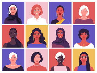 Modern flat vector illustration set of diverse women portraits. A multicultural collection featuring female faces of different ages, ethnicities. User avatars, International Women's Day, diversity