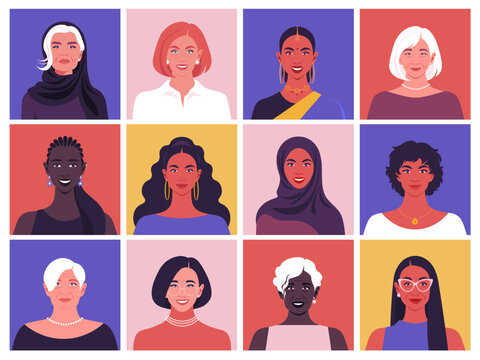 Modern flat vector illustration set of diverse women portraits. A multicultural collection featuring female faces of different ages, ethnicities. User avatars, International Women's Day, diversity