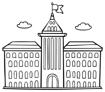 Hand-drawn cartoon building outline with tower and flag