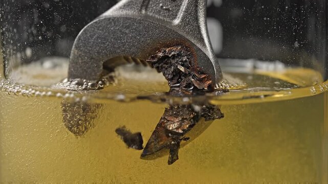 Close-up of a corroded metal tool submerged in a bubbling bleach solution, showcasing reactions and chemical processes