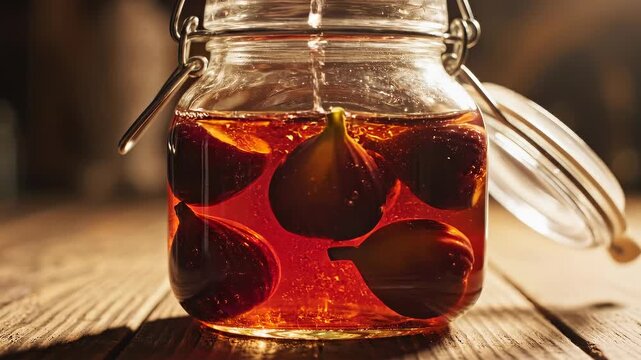 Close-up view of a jar filled with rich amber liquid and figs, illuminated by warm light creating a cozy atmosphere