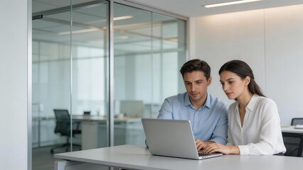 Obraz premium Office workers collaborating on laptop