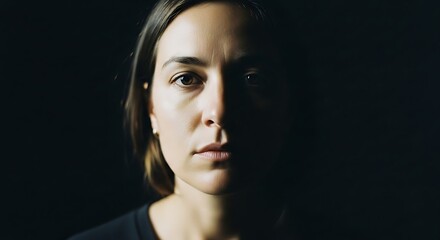 Fototapeta premium A woman with a serious expression looking directly at the camera in a dark room