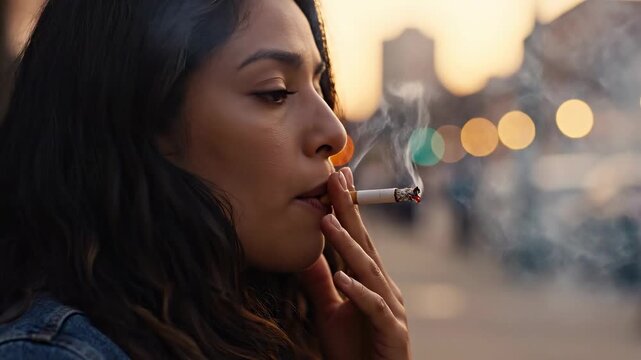 Close-up of a woman exhaling smoke from a glowing cigarette during twilight in an urban setting with blurred city lights