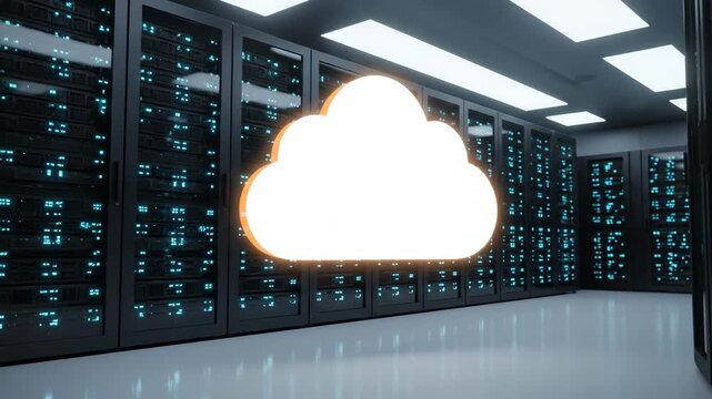 A glowing white cloud symbol hovers above the floor in a server room, surrounded by dark server racks with blue lights.
