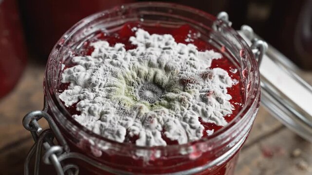 Close-up of a jar of red jam developing white mold on top, capturing the contrast of colors and textures in food preservation