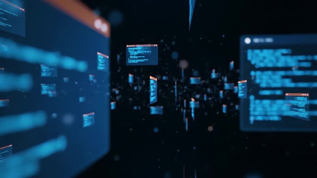 Abstract digital background featuring floating code windows with blue glowing text on a dark background with particles and light effects.