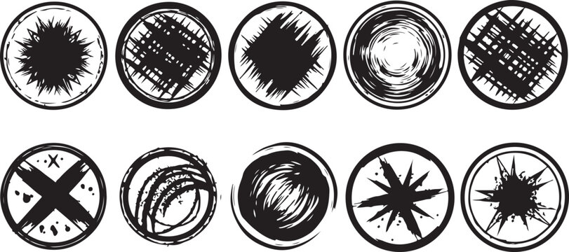 A collection of circular design elements featuring various hand-drawn textures, including dense cross-hatching, radiating starbursts, and messy scribbles.