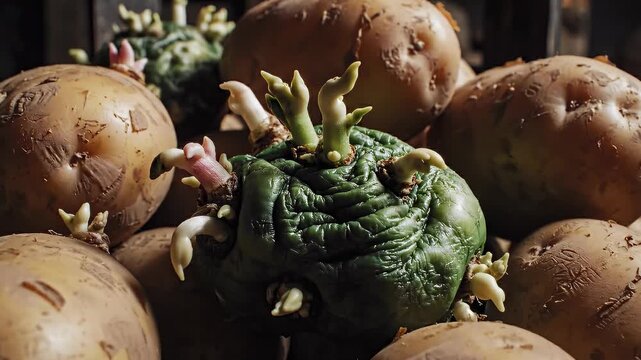Close-up of a basket filled with potatoes, some sprouting green shoots, highlighting their natural growth process in a rustic setting
