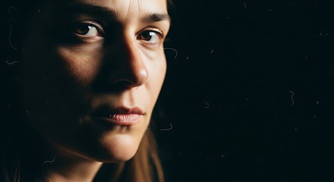 A woman with a worried expression looks to the side in a dark environment.