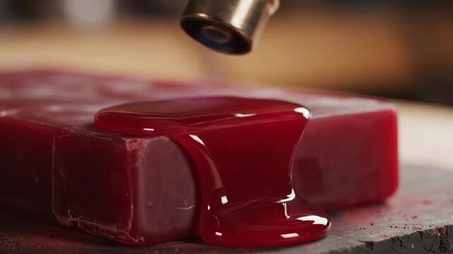 Close-up of red wax melting from a heated nozzle onto a solid block, creating a glossy, dripping effect on a wooden surface