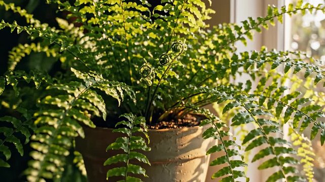 Close-up of a potted fern with vibrant green fronds basking in natural light, highlighting the intricate patterns of the leaves