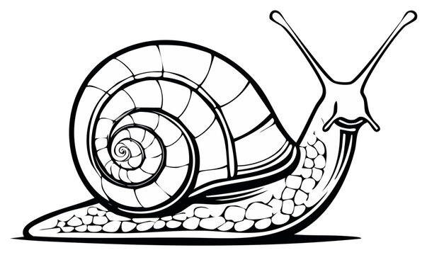 Black and white illustration of a snail with a spiral shell crawling along.