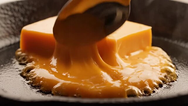 A close-up view of a spoon gently melting cheese on a hot skillet, with rich golden colors and smooth texture creating an appetizing scene
