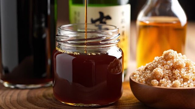 Close-up of a jar filled with teriyaki sauce ingredients, including liquids in glass bottles and brown sugar on wooden surface