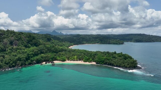 Tropical sand beach on S&atilde;o Tom&eacute; and Pr&iacute;ncipe, drone perspective
