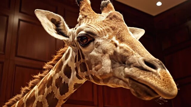 Close-up of a mounted giraffe head on a wooden wall, showcasing intricate fur patterns and large expressive eyes, exuding a sense of whimsy