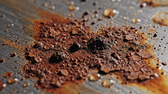 Close-up video of rust formation on a steel surface, showcasing intricate details of oxidation and water droplets