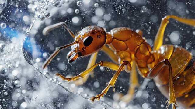 A close-up view of an insect, specifically an ant, encased in clear ice with bubbles and droplets creating a dynamic visual effect