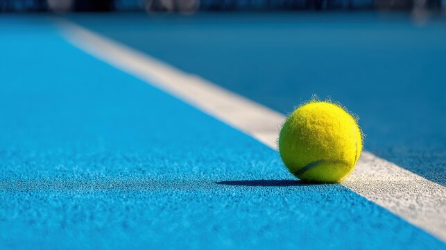 Tennis ball positioned on white line of blue court with shadow