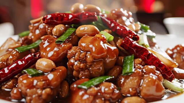 Close-up of Kung Pao chicken with peanuts, featuring vibrant colors and textures, served in a white plate against a soft-focus background
