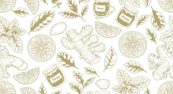 Seamless pattern featuring hand drawn ginger roots honey jars citrus slices and fresh mint leaves