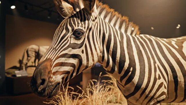 A detailed view of a taxidermied zebra displayed in an exhibit with grass and a blurred background of other animal sculptures