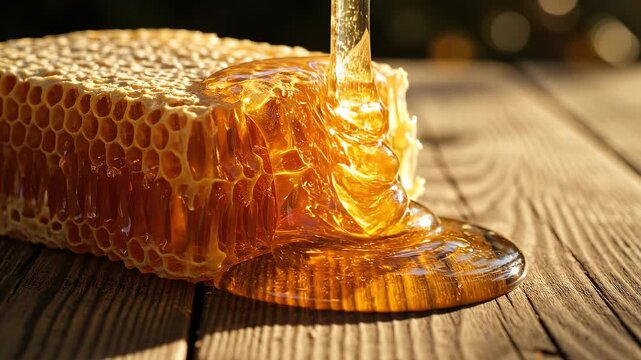 Golden honeycomb melting and dripping on a textured wooden surface, capturing the warmth and sweetness of the moment