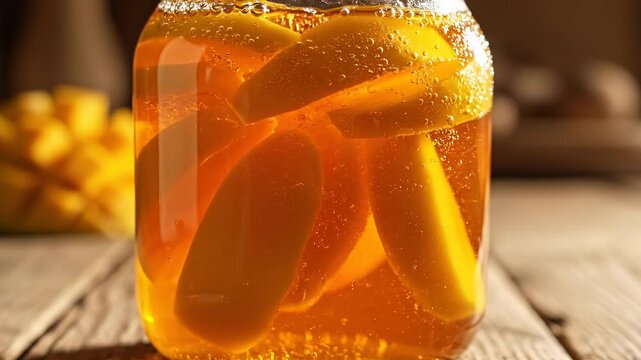 A jar of homemade mango wine, showcasing slices of ripe mango submerged in golden liquid with bubbles, set against a rustic wooden background