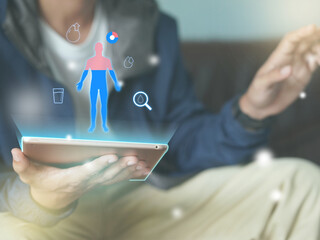 People using tablet AI technology analysis hydration and body water level for concept bio hacking,...